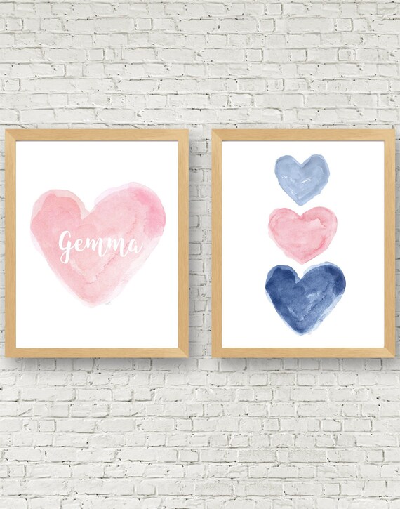 Pink and Navy Print Set, Set of 2 Personalized Watercolor Art Prints