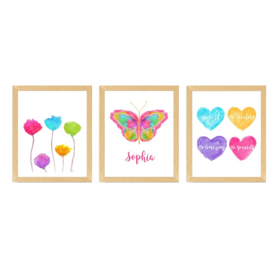 Tween Girl Room Decor; Inspirational Print Set with Butterfly, Hearts and Flowers