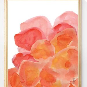 May include: Abstract watercolor painting of overlapping pink, orange, and red shapes. The shapes are layered and create a sense of depth and movement.