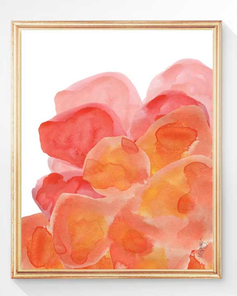 May include: Abstract watercolor painting of overlapping pink, orange, and red shapes. The shapes are layered and create a sense of depth and movement.
