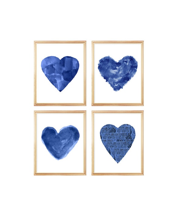 Midnight Blue Artwork, Set of 4  Heart Prints