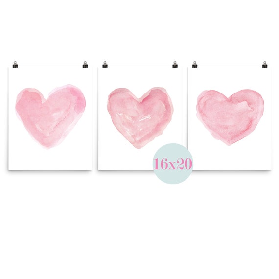 Pink Heart Prints, 16x20 Set of 3 for Girls Bedroom