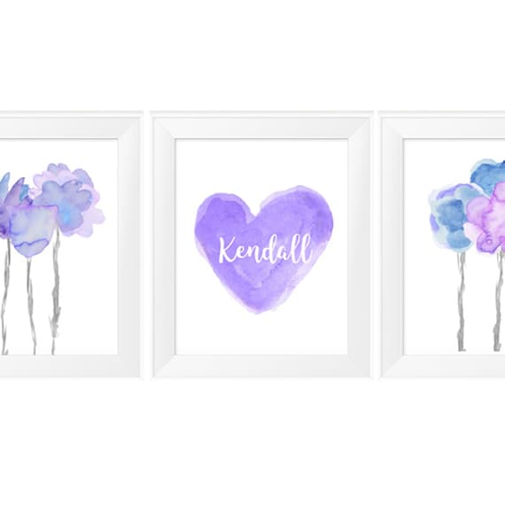 Lavender and Blue Wall Decor, 11x14, Flower and Heart Prints with Custom Name