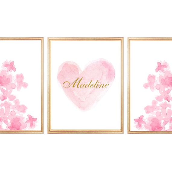 Pink Floral Prints for Girls Room, 8x10 Set of 3, Pink and Gold Wall Art, Pink Flower Prints, Pale Pink Nursery Prints, Silver Name