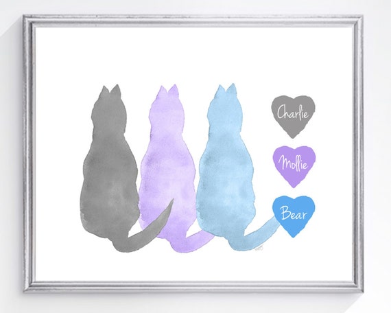 Three Cat Print with Names, 8x10 Personalized Print