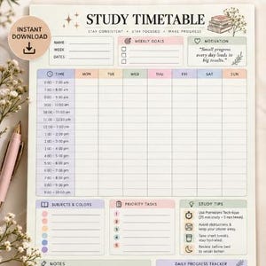 May include: A study timetable planner page featuring a weekly schedule grid with hourly slots from 6:00 am to 10:00 pm. The document includes sections for weekly goals, motivation, subjects, priority tasks, study tips, and a daily progress tracker.