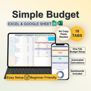 Könnte beinhalten: Eine digitale Budgetplaner-Vorlage für Excel und Google Sheets auf einem Tablet und Smartphone. Die Oberfläche bietet 18 Registerkarten, automatisierte Berechnungen und Dashboards. Text: Simple Budget, No Copy Paste Needed, 18 TABS, One-Tab Budget Setup, Automated Calculations, Dashboards Included und Easy Setup Beginner Friendly.