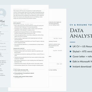 Może przedstawiać: Cyfrowy szablon CV dla analityka danych, z przejrzystym białym układem i czarnym tekstem. Dokument zawiera sekcje dotyczące profilu zawodowego, doświadczenia, umiejętności technicznych, wykształcenia oraz tekst Data Analyst.