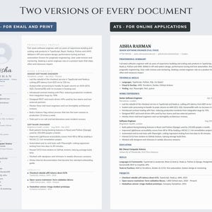 Peut inclure: Deux versions d'un CV pour Aisha Rahman, ing&eacute;nieure logicielle senior. Le document de gauche est une version stylis&eacute;e pour e-mail et impression, tandis que celui de droite est une version ATS pour candidatures en ligne, d&eacute;taillant son parcours.