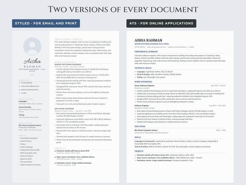 Peut inclure: Deux versions d'un CV pour Aisha Rahman, ing&eacute;nieure logicielle senior. Le document de gauche est une version stylis&eacute;e pour e-mail et impression, tandis que celui de droite est une version ATS pour candidatures en ligne, d&eacute;taillant son parcours.