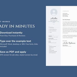 Peut inclure: Un mod&egrave;le de CV num&eacute;rique sur fond bleu pr&eacute;sentant un guide en trois &eacute;tapes : t&eacute;l&eacute;charger instantan&eacute;ment, saisir le texte sur l'exemple et enregistrer en PDF. La partie droite affiche un exemple de CV pour Aisha Rahman avec ses coordonn&eacute;es.