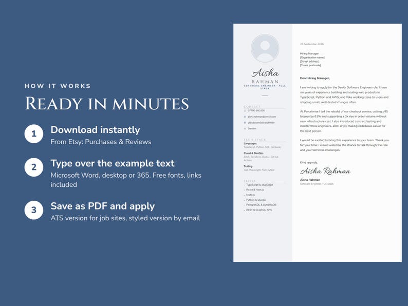 Peut inclure: Un mod&egrave;le de CV num&eacute;rique sur fond bleu pr&eacute;sentant un guide en trois &eacute;tapes : t&eacute;l&eacute;charger instantan&eacute;ment, saisir le texte sur l'exemple et enregistrer en PDF. La partie droite affiche un exemple de CV pour Aisha Rahman avec ses coordonn&eacute;es.