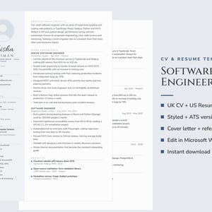 May include: A software engineer CV and resume template document featuring a professional profile, work experience, tech stack, education, and skills sections. The text includes headings such as CV & RESUME TEMPLATE, SOFTWARE ENGINEER, and contact details for Aisha Rahman.