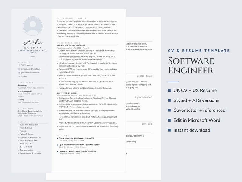 Peut inclure: Un mod&egrave;le de CV et de lettre de motivation pour ing&eacute;nieur logiciel pr&eacute;sentant des sections pour le profil professionnel, l'exp&eacute;rience, les comp&eacute;tences techniques, l'&eacute;ducation et les aptitudes. Le texte inclut CV & RESUME TEMPLATE et SOFTWARE ENGINEER.