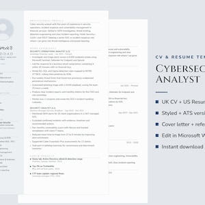 May include: A digital CV and resume template for a cybersecurity analyst. The document features a professional profile, work experience, certifications, education, and skills sections. Text includes CV & RESUME TEMPLATE CYBERSECURITY ANALYST.