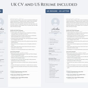 Peut inclure: Un ensemble de mod&egrave;les de CV num&eacute;riques comprenant un CV britannique au format A4 et un CV am&eacute;ricain au format US Letter. Les deux documents pr&eacute;sentent un profil professionnel pour Aisha Rahman avec des sections contact, comp&eacute;tences et exp&eacute;rience.