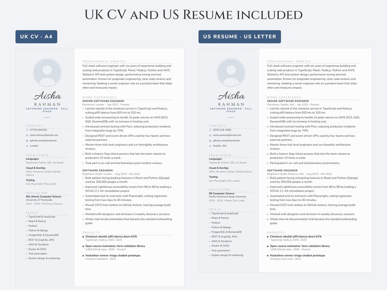Peut inclure: Un ensemble de mod&egrave;les de CV num&eacute;riques comprenant un CV britannique au format A4 et un CV am&eacute;ricain au format US Letter. Les deux documents pr&eacute;sentent un profil professionnel pour Aisha Rahman avec des sections contact, comp&eacute;tences et exp&eacute;rience.