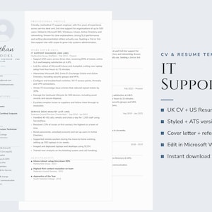 Peut inclure: Un modèle de CV pour support informatique sur fond blanc comprenant des sections pour le profil professionnel, l'expérience et les compétences. Le document affiche le titre CV & RESUME TEMPLATE IT SUPPORT et des champs pour les coordonnées.