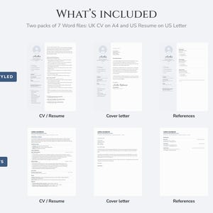 Peut inclure: Un ensemble de mod&egrave;les de CV num&eacute;riques comprenant deux packs de 7 fichiers Word. Il inclut des versions stylis&eacute;es et compatibles ATS de CV, lettre de motivation et r&eacute;f&eacute;rences, au format A4 avec le texte WHAT'S INCLUDED affich&eacute; en haut.