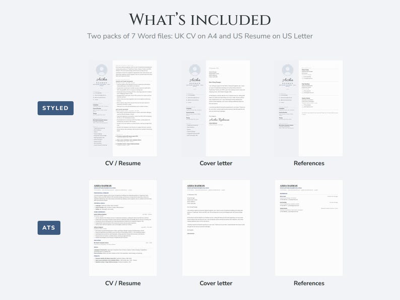 Peut inclure: Un ensemble de mod&egrave;les de CV num&eacute;riques comprenant deux packs de 7 fichiers Word. Il inclut des versions stylis&eacute;es et compatibles ATS de CV, lettre de motivation et r&eacute;f&eacute;rences, au format A4 avec le texte WHAT'S INCLUDED affich&eacute; en haut.