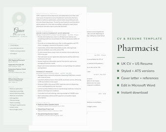 Pharmacist CV Template, ATS-Friendly Resume, Cover Letter (Word)