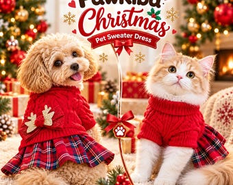 Vestido de suéter navideño para mascotas, falda a cuadros con lazo de reno, atuendo navideño para perros y gatos, invierno