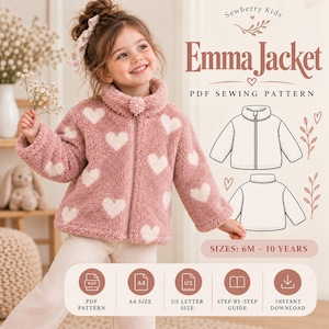 May include: A PDF sewing pattern for the Emma Jacket, featuring a pink fleece jacket with white heart patterns, a high collar, and a zipper. The graphic includes technical line drawings of the jacket, text stating SIZES: 6M - 10 YEARS, and icons for PDF pattern, A4 size, US letter size, step-by-step guide, and instant download.