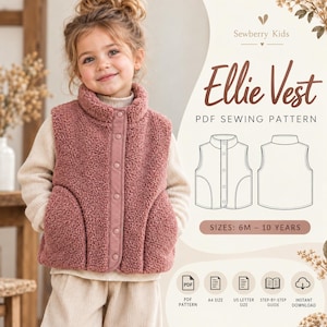 May include: A dusty rose sherpa fleece vest with a high collar and snap-button closure. The image includes text for the Ellie Vest PDF sewing pattern, available in sizes 6M to 10 years, featuring a line drawing of the front and back of the vest.