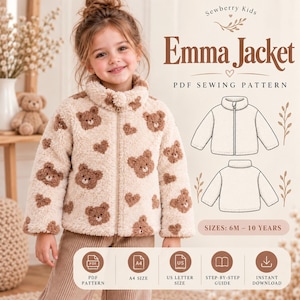 Puede incluir: Una chaqueta de forro polar color crema con un patrón de osos marrones y corazones, cuello alto y cremallera frontal. La imagen incluye el texto Emma Jacket PDF Sewing Pattern, tallas 6M-10 años e iconos de PDF, A4, US Letter, guía y descarga.
