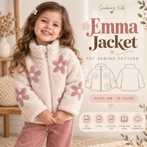 May include: A cream-colored fleece jacket with a full-length zipper and pink flower appliques. The text reads Sewberry Kids Emma Jacket PDF Sewing Pattern, Sizes: 6M - 10 Years, PDF Pattern, A4 Size, US Letter Size, Step-by-Step Guide, Instant Download.