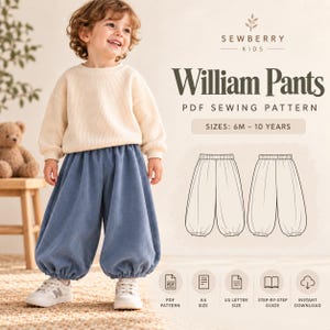 Op de afbeelding: Een digitaal naaipatroon voor de William Pants van Sewberry Kids, met een lijntekening van een loszittende broek met elastische boorden. De tekst bevat SIZES: 6M - 10 YEARS, PDF SEWING PATTERN en iconen voor PDF, A4, US LETTER en GUIDE.