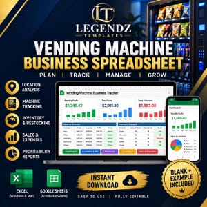 Könnte beinhalten: Eine digitale Tabellenkalkulationsvorlage für das Vending-Maschinen-Geschäft für Excel und Google Sheets. Das Display zeigt ein Dashboard mit monatlichem Gewinn, Gesamtumsatz, Ausgaben sowie Bestandsverfolgung, Standortanalyse und Berichten.