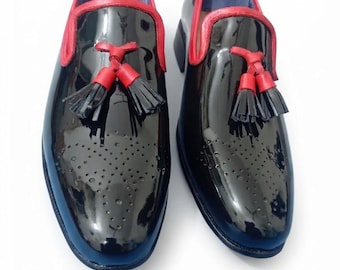 Custom Made Black Patent Leather Moccasin Shoes, Loafers Tassels Dress Slip ons
