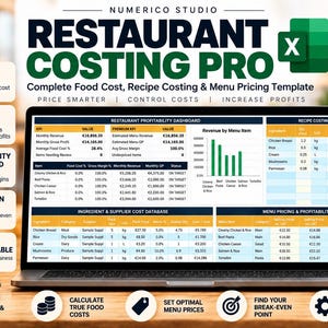 Excel-mall för restaurangkostnadskalkylator | Receptkostnad, menyprissättning och lagerspårning