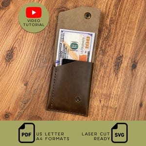 May include: A brown leather card holder with a snap button closure, containing a one hundred dollar bill. The image includes text labels: VIDEO TUTORIAL, PDF US LETTER A4 FORMATS, and LASER CUT READY SVG.