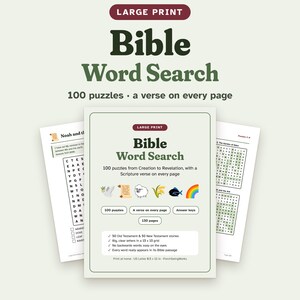 May include: A large print Bible word search book featuring 100 puzzles from Creation to Revelation, with a Scripture verse on every page. The cover displays icons of a dove, scroll, sheep, wheat, fish, and rainbow, plus 130 pages and answer keys.