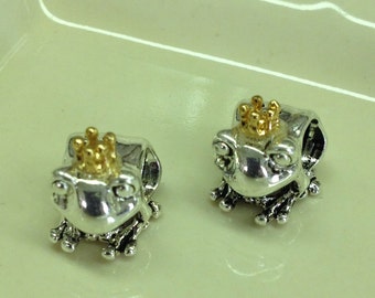 925 Sterling Silver Plated Frog or toad with a Gold Crown european type charm with the large hole.