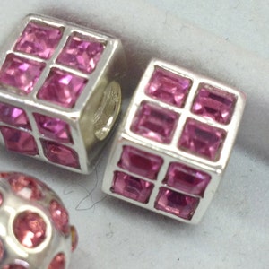 925 Sterling Silver Plated Hot Pink Crystal Cube european type charm with the large hole.