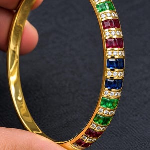 18K Yellow Gold Ruby Emerald Sapphire Bangle Bracelet Diamond Accent Gemstone Jewelry 9.00 TCW
