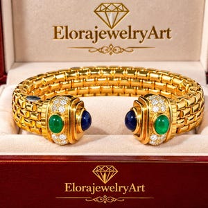 Pulseira rígida em ouro 18K com diamantes, safiras e esmeraldas, joia fina italiana (5,20 quilates no total).