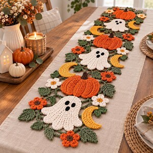 Modèle PDF de chemin de table d'Halloween au crochet, citrouille, fantôme, lune et fleurs, décoration de table, décoration d'automne au crochet, modèle numérique d'automne effrayant