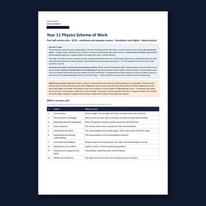 May include: A white document titled Year 11 Physics Scheme of Work by Empower Educators. It features text blocks explaining course structure, unit content, and a ten-row table detailing sections like unit overview, lesson sequence, and assessment.