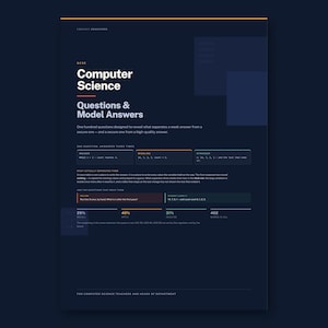 Peut inclure: Une affiche éducative bleu foncé intitulée Computer Science Questions & Model Answers. Elle présente du texte technique, des extraits de code et des sections d'analyse de données avec des accents blancs et orange, conçue pour les enseignants.