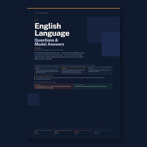 Könnte beinhalten: Ein dunkelblaues Lehrplakat mit dem Titel English Language Questions & Model Answers. Es enthält Textblöcke, die Prüfungsfragenstrukturen, Bewertungskriterien und Beispielantworten mit Noten erklären, gegliedert durch klare Überschriften.