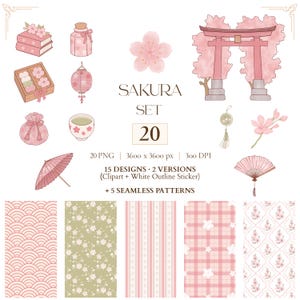Peut inclure: Une collection numérique intitulée SAKURA SET comprenant 20 fichiers PNG avec 15 designs en deux versions et 5 motifs continus. L'ensemble inclut des illustrations de fleurs de cerisier roses, un torii, des livres, une lanterne, un éventail et du thé.