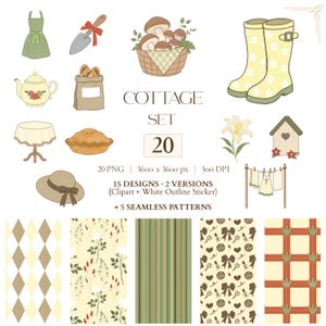 Peut inclure: Une collection numérique intitulée COTTAGE SET 20 présentant des illustrations d'un tablier vert, une pelle, des champignons dans un panier, des bottes jaunes à fleurs, une théière, un sac, une table, une tarte, un lys, un nichoir, un chapeau et une corde à linge avec cinq motifs.