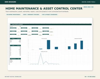 Home Maintenance Spreadsheet, Repair, Warranty & Asset Tracker for Excel
