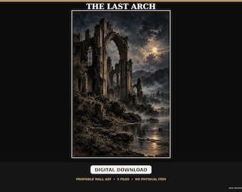 Moonlit Gothic Abbey Ruins Digital Wall Art, Dark Romantic Landscape