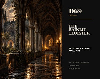 Rainy Gothic Cloister Wall Art, Dark Academia Printable, Old World Architecture