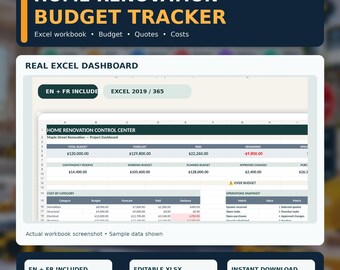 Home Renovation Budget Spreadsheet, Remodel Cost & Contractor Tracker for Excel